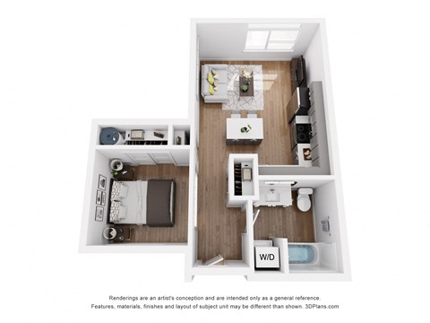 Floor plan for 1 bed, 1 bath, 583 sqft